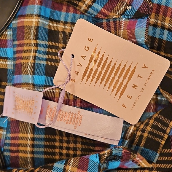 💕SAVAGE x FENTY💕 Tied-Up Tartan PJ Raw Hem Sleep Shirt Blue Plaid Small S NWT - Picture 15 of 16